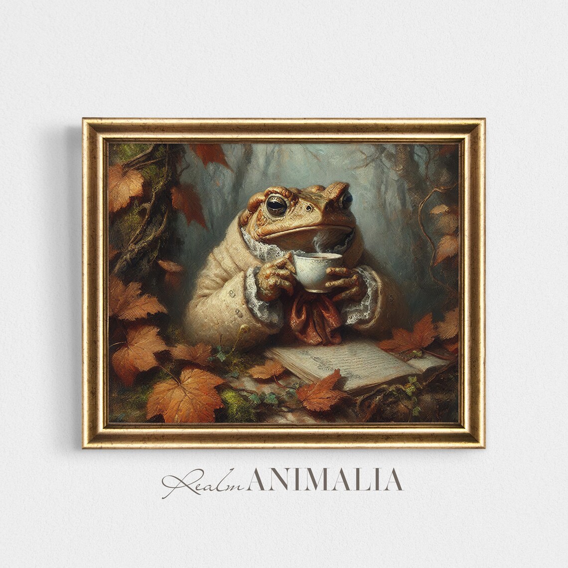Autumn Toad Drinking Coffee, Whimsical Vintage Art Print - Image 2