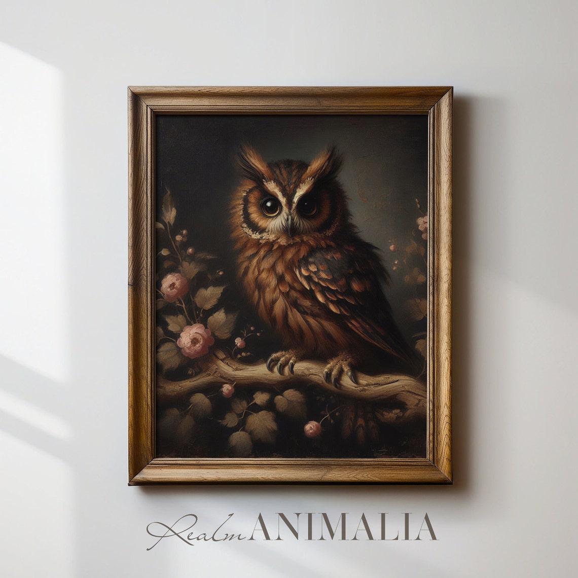 Brown Owl On Flowering Branch Dark Floral Moody Vintage Bird Art Print - Image 4