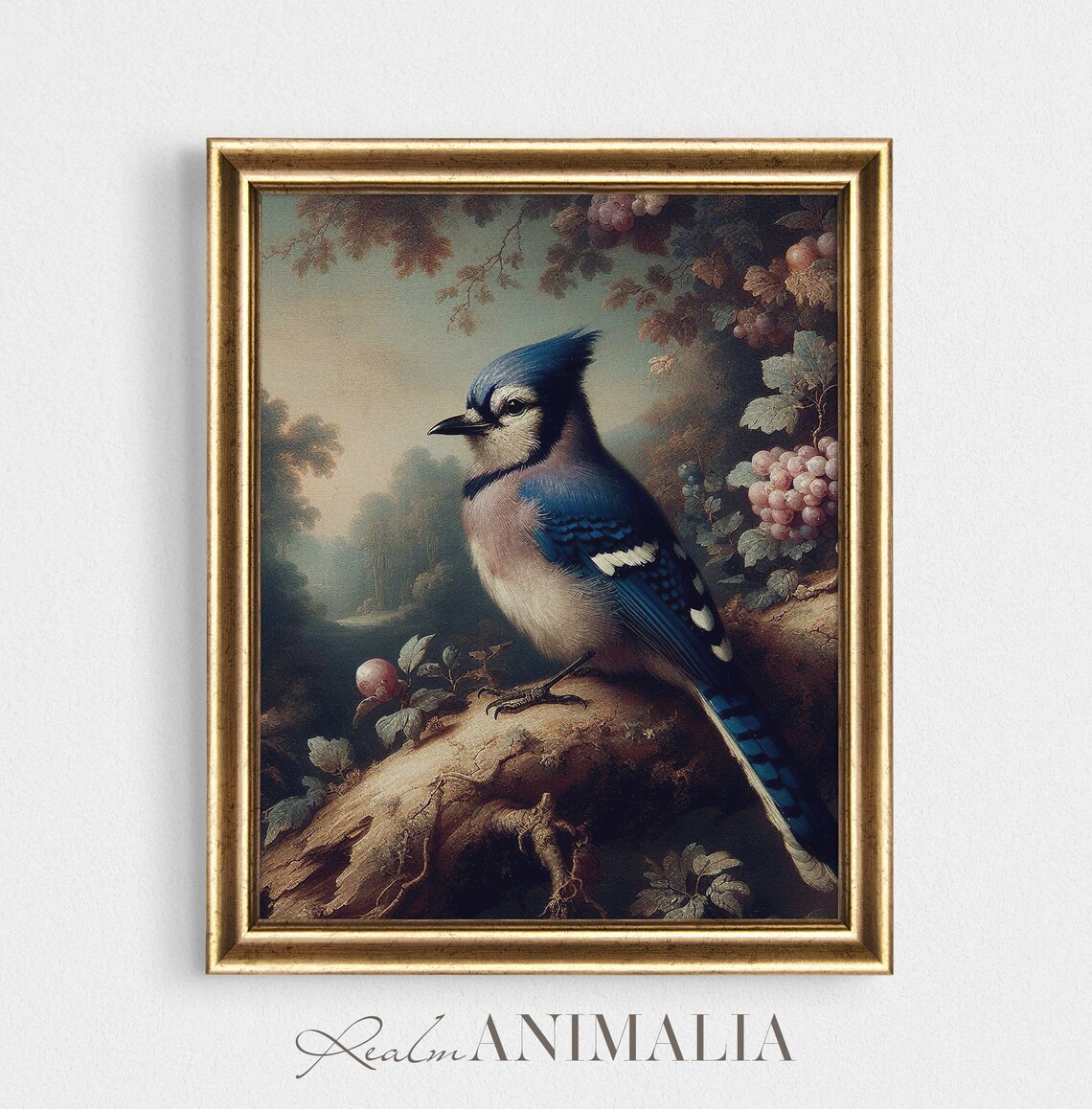 Vintage Blue Jay Perched On Rock Among Berries Moody Songbird Art Poster - Image 4