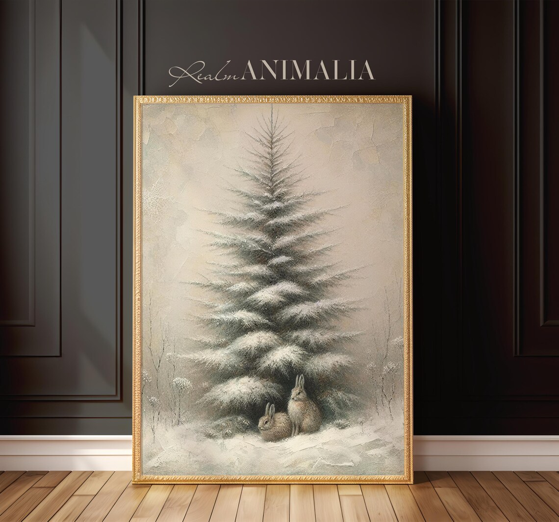 Snowy Pine Tree and Rabbits, Vintage Winter Art Print - Image 2