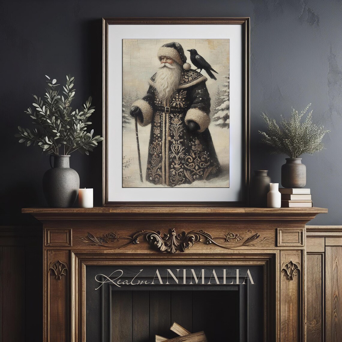 Vintage Santa and Crow Art Print, Antique Style - Image 2