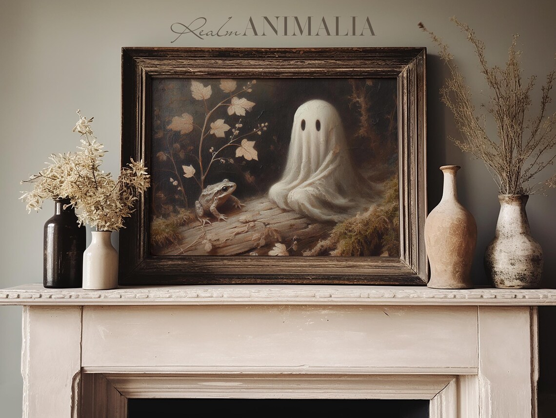 Cute Little Ghost With Frog On Log Autumn Forest Moody Halloween Poster - Image 2