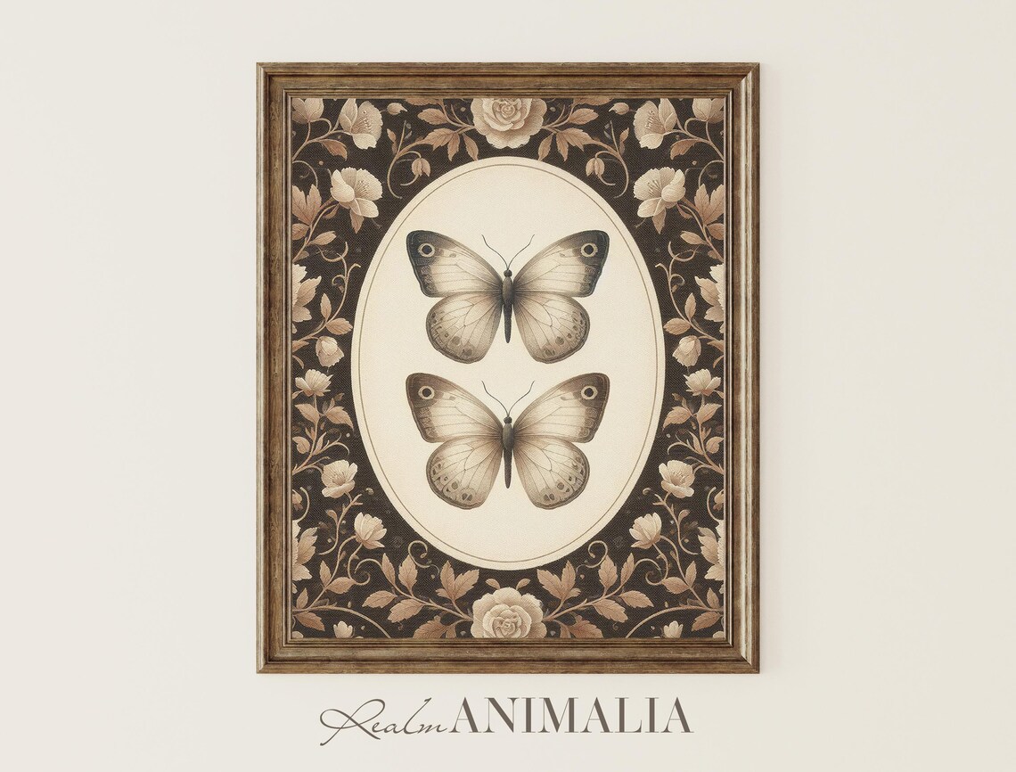 Two Butterflies In Oval Medallion Brown Floral Tapestry Vintage Poster