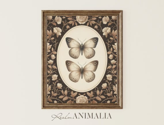 Vintage Butterfly Art Print Neutral Brown Beige Wall Art Cottagecore Prints Floral Cottage Textile Art Nursery Decor Ctg102