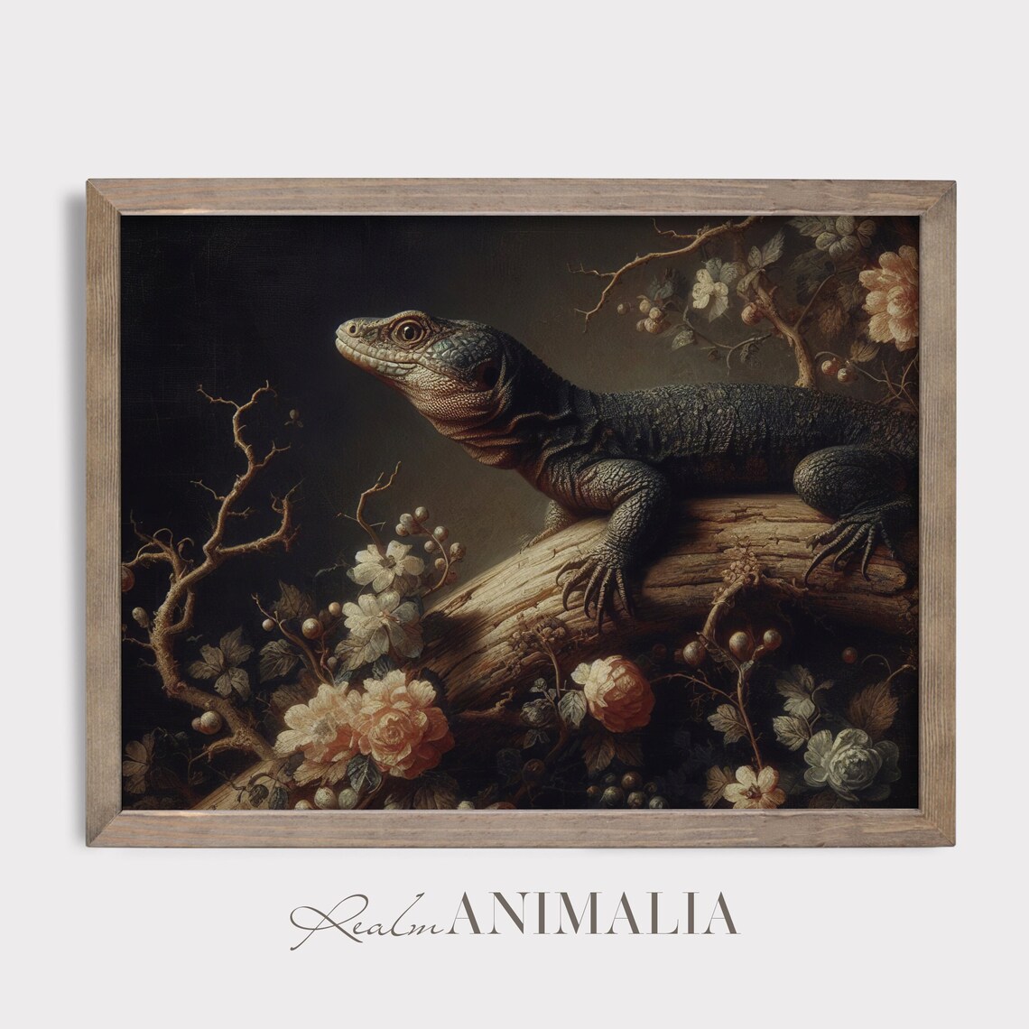 Dark Lizard On Log Among Roses Moody Vintage Reptile Wall Art Print - Image 2