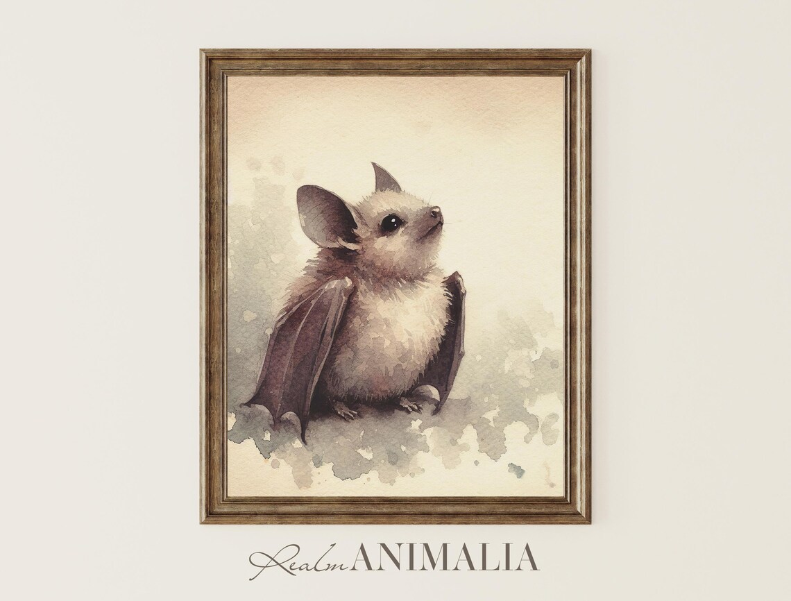 Cute Baby Bat Watercolor Painting Fluffy Bat Nursery Art Print Poster