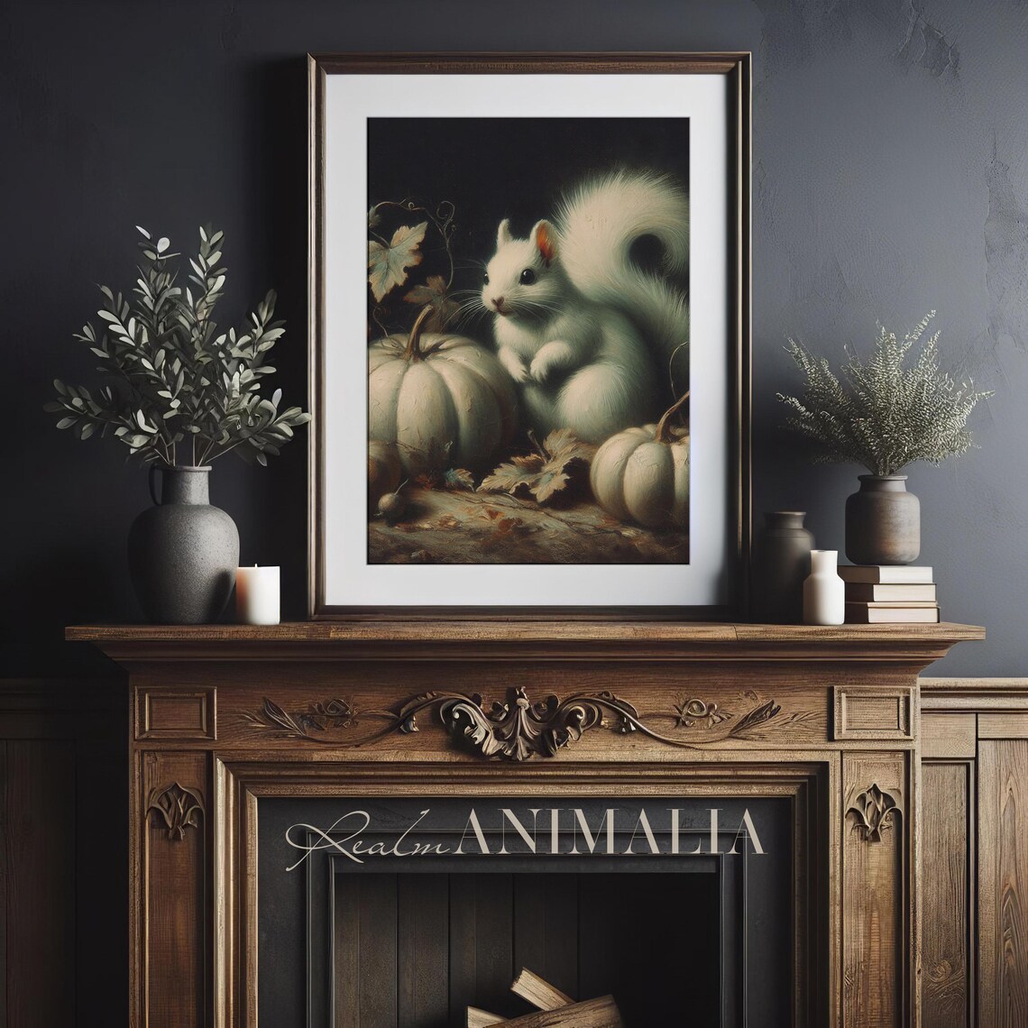 White Squirrel With White Pumpkins Dark Moody Fall Still Life Art Poster - Image 3
