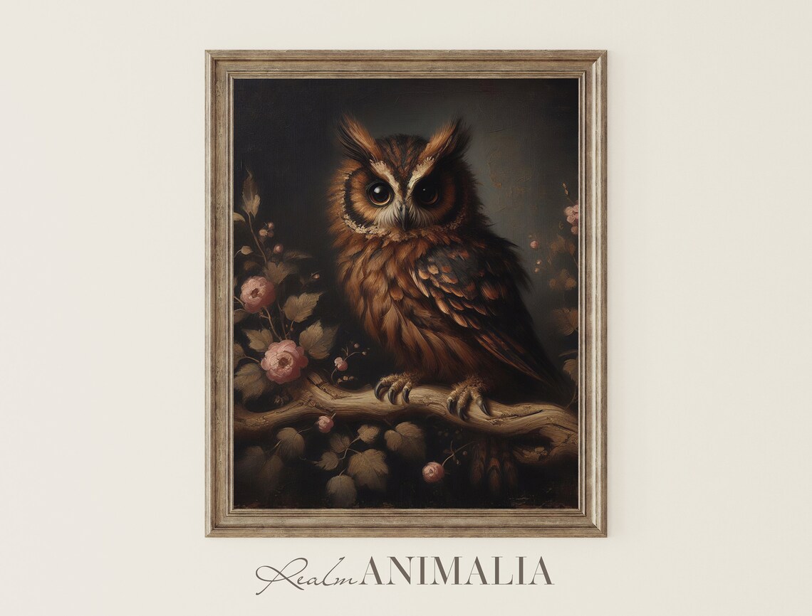 Brown Owl On Flowering Branch Dark Floral Moody Vintage Bird Art Print