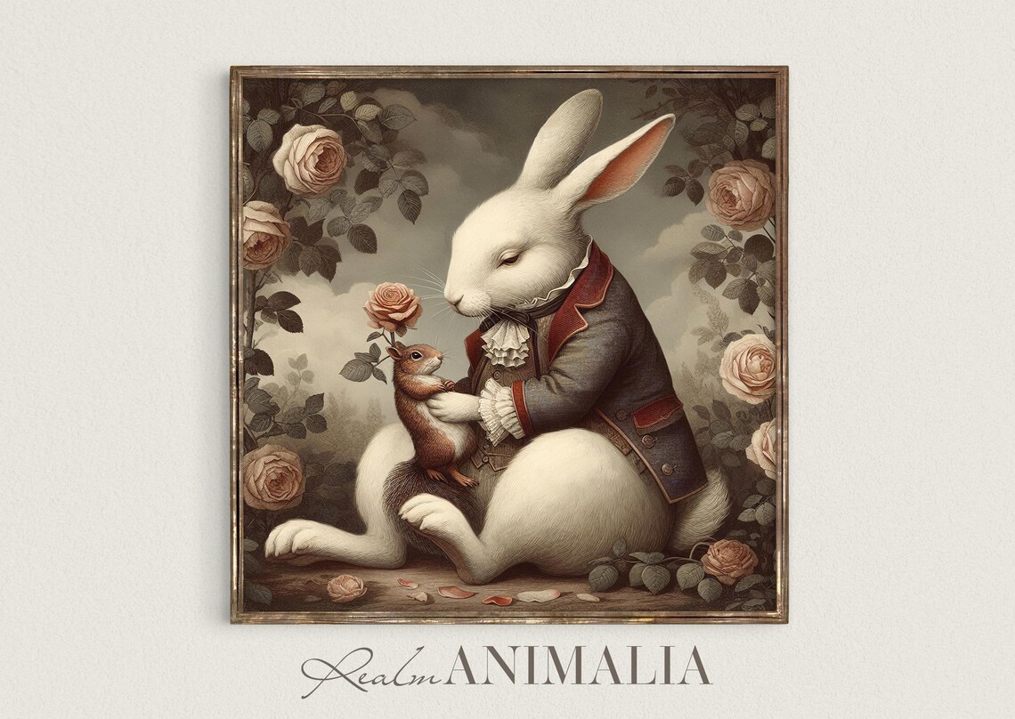 Storybook White Rabbit And Squirrel Friends Among Roses Poster - Image 2