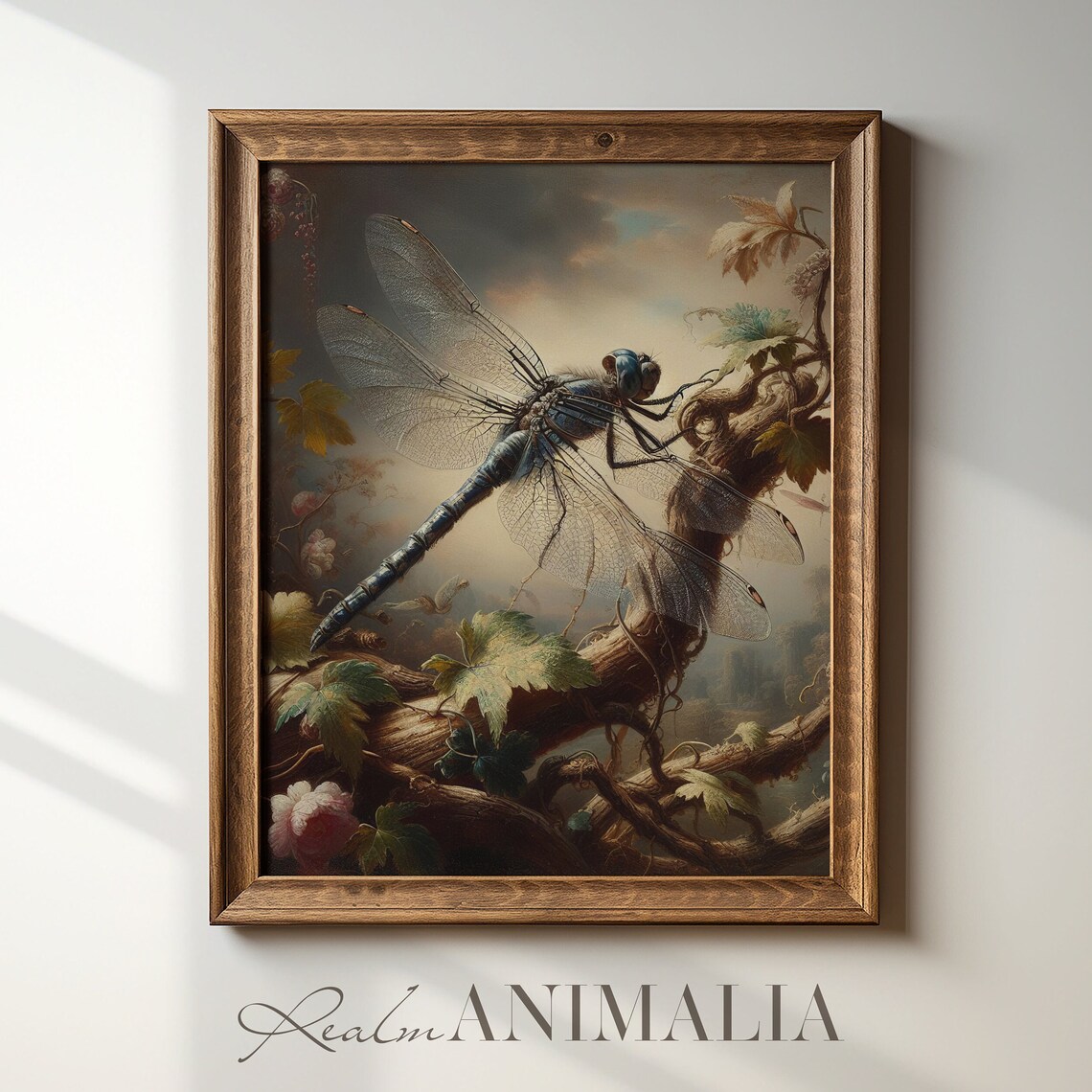 Blue Dragonfly Resting On Twisted Vine Vintage Moody Insect Wall Art Print - Image 4