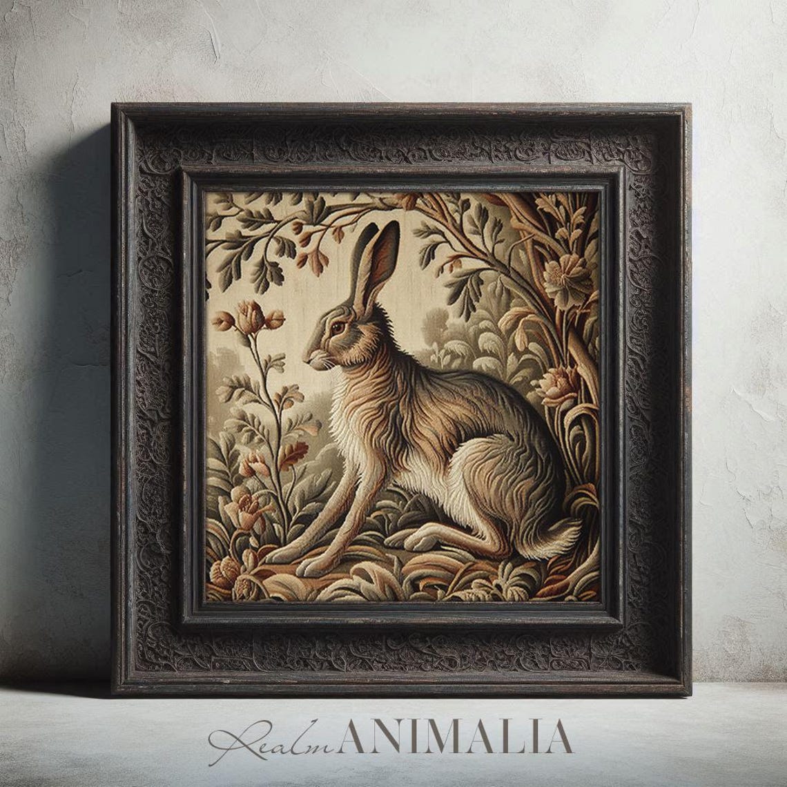 Seated Hare In Vintage Botanical Tapestry Embroidered Poster - Image 2
