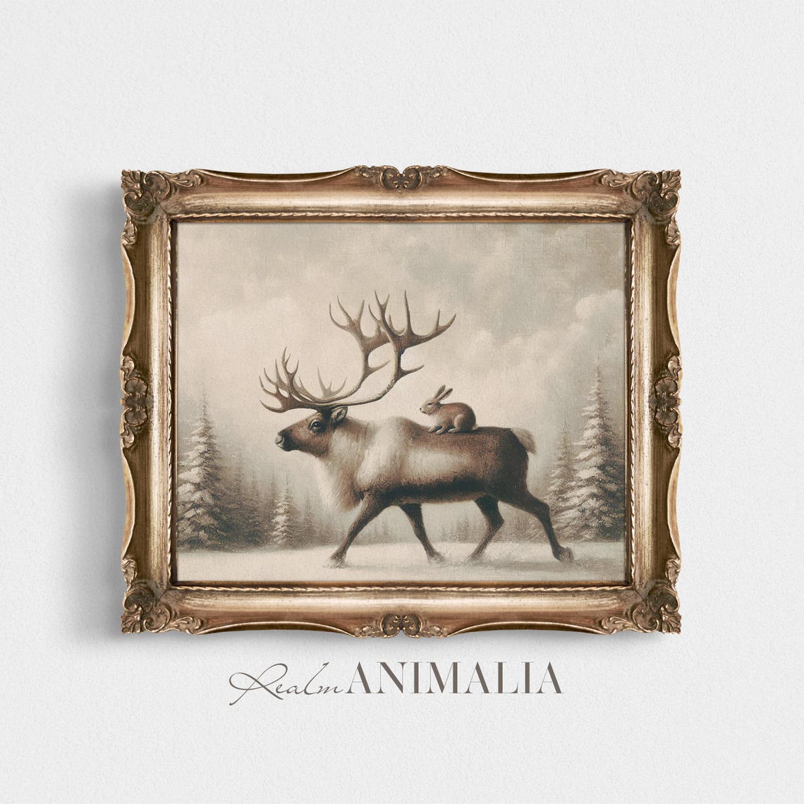 Winter Reindeer With Bunny On Back Snowy Forest Neutral Art Poster - Image 2
