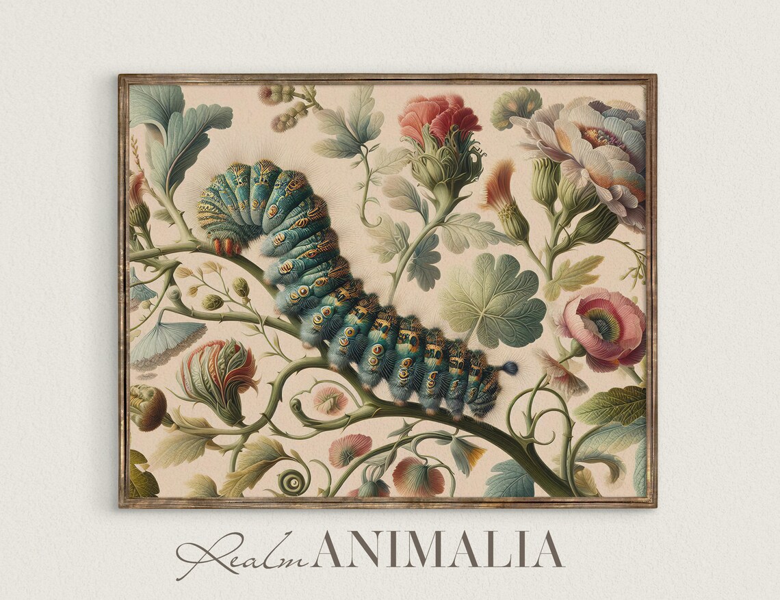 Vintage Botanical Caterpillar Art Print, Floral Insect