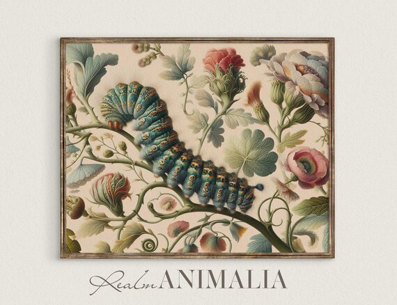Vintage Botanical Caterpillar Art Print, Floral Insect