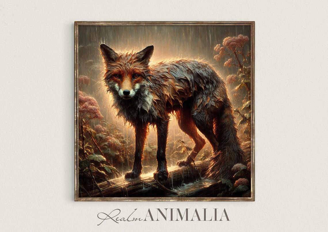 Fox In Rain Art Print, Cottagecore Forest Animal