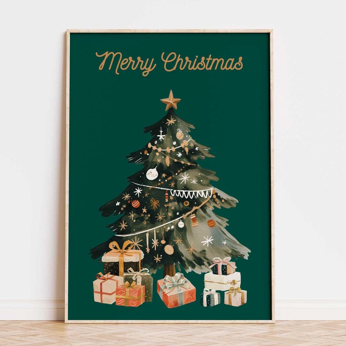 Gold Merry Christmas Script Green Watercolor Tree Gifts Holiday Poster