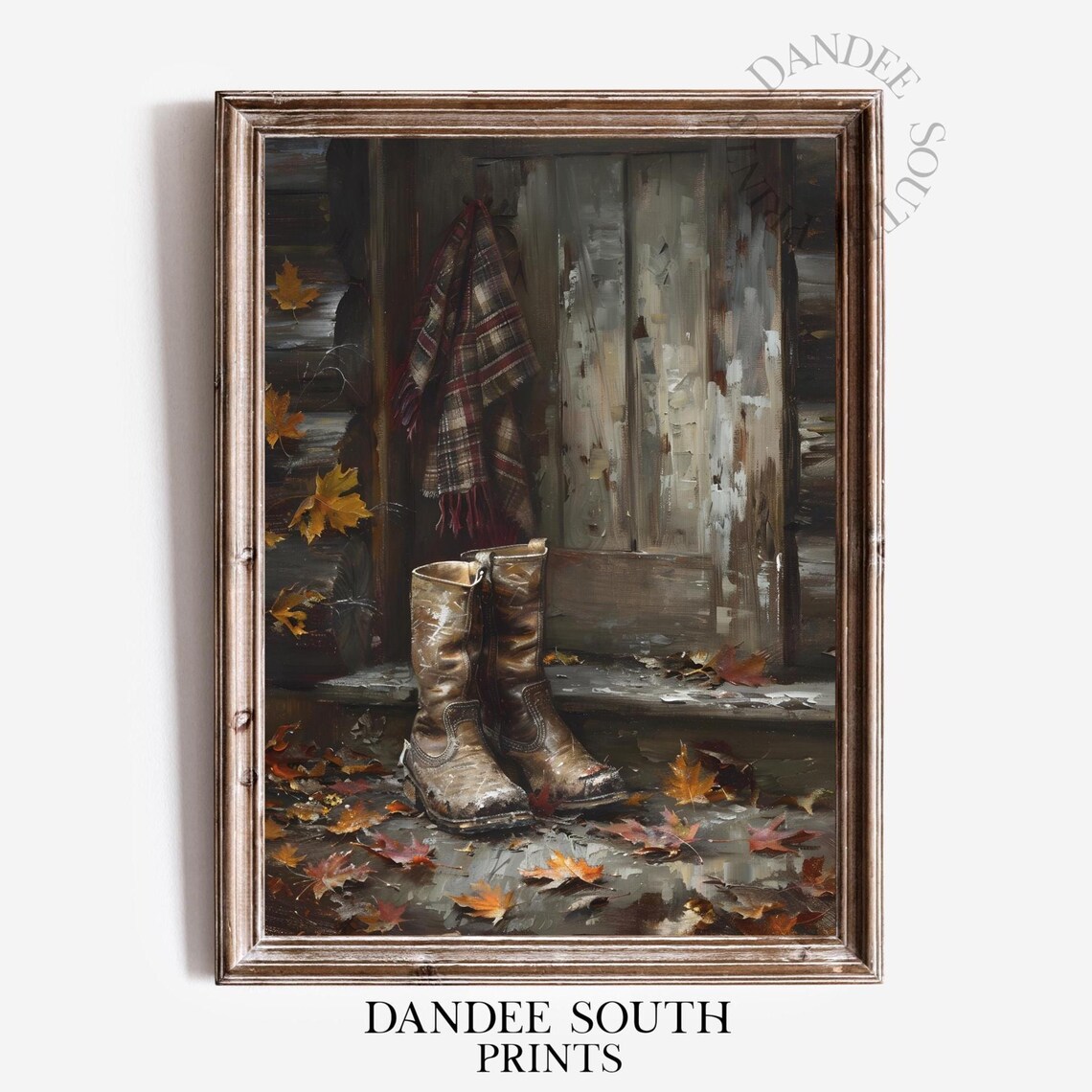 Cowboy Boots Autumn Maple Leaves Vintage Western Oil Painting Poster