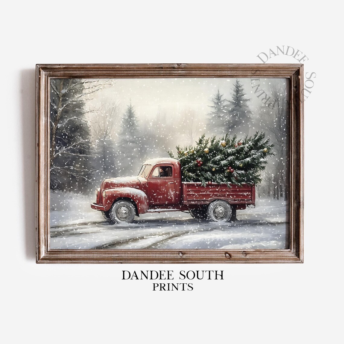 Vintage Red Truck Christmas Tree Snowy Holiday Farm Art Poster