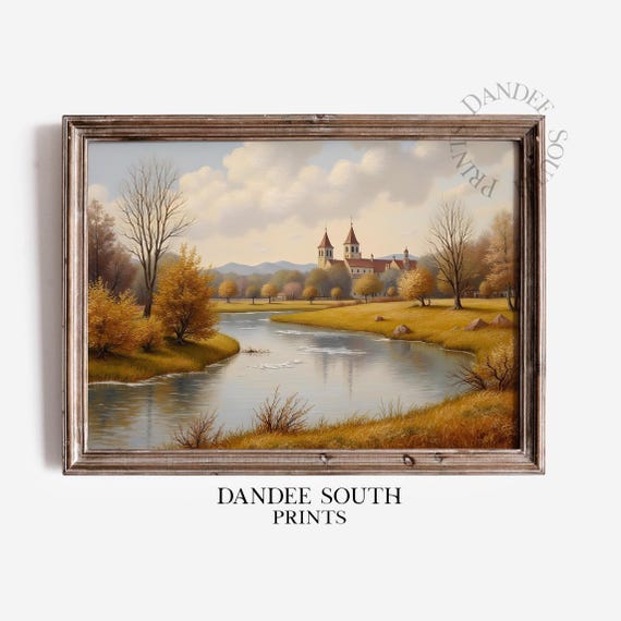Fall Landscape Painting Autumn Wall Art Vintage Countryside Scene Farmhouse Decor 553