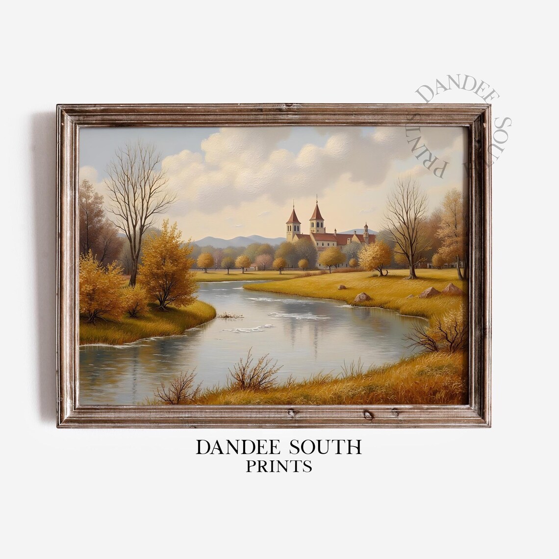 Golden Autumn Riverside Monastery Vintage Oil Painting Poster