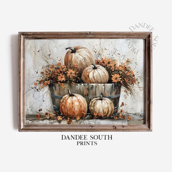 Rustic Fall Wall Art Autumn Wildflowers And Pumpkins Print Flower Bucket Home Decor 600