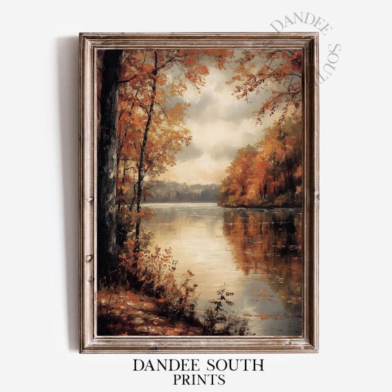 Fall Landscape Wall Art Vintage Autumn Country Lake Painting Rustic Thanksgiving Decor 657