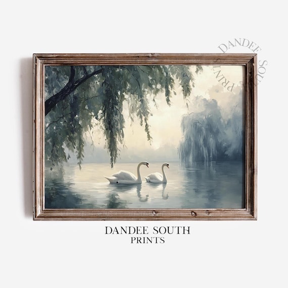 Swans Wall Art On A Lake Oil Painting Vintage Spring Summer Decor Moody 476