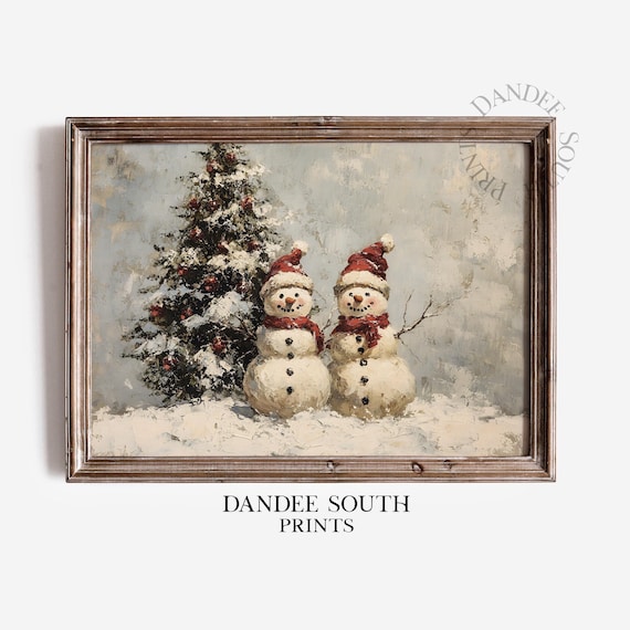 Two Vintage Snowmen with Christmas Tree Red Hats Oil Painting Poster