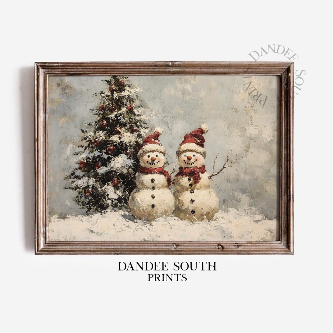 Two Vintage Snowmen with Christmas Tree Red Hats Oil Painting Poster