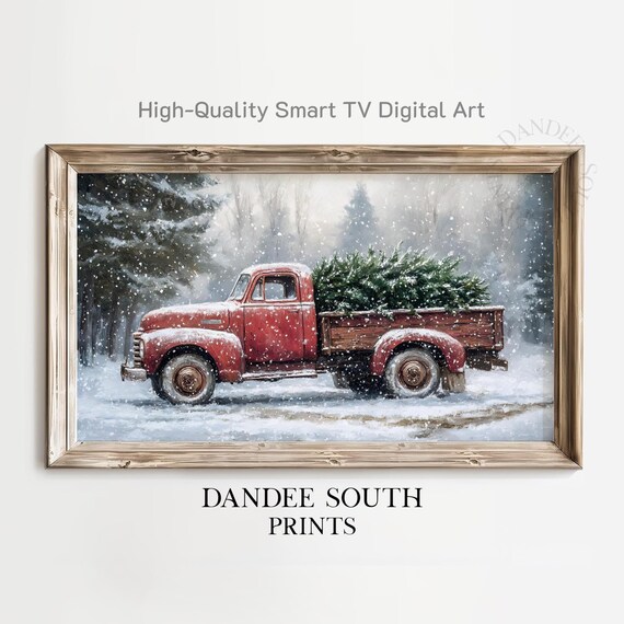 Vintage Red Truck Christmas Tree Snowy Winter Farmhouse Wall Art