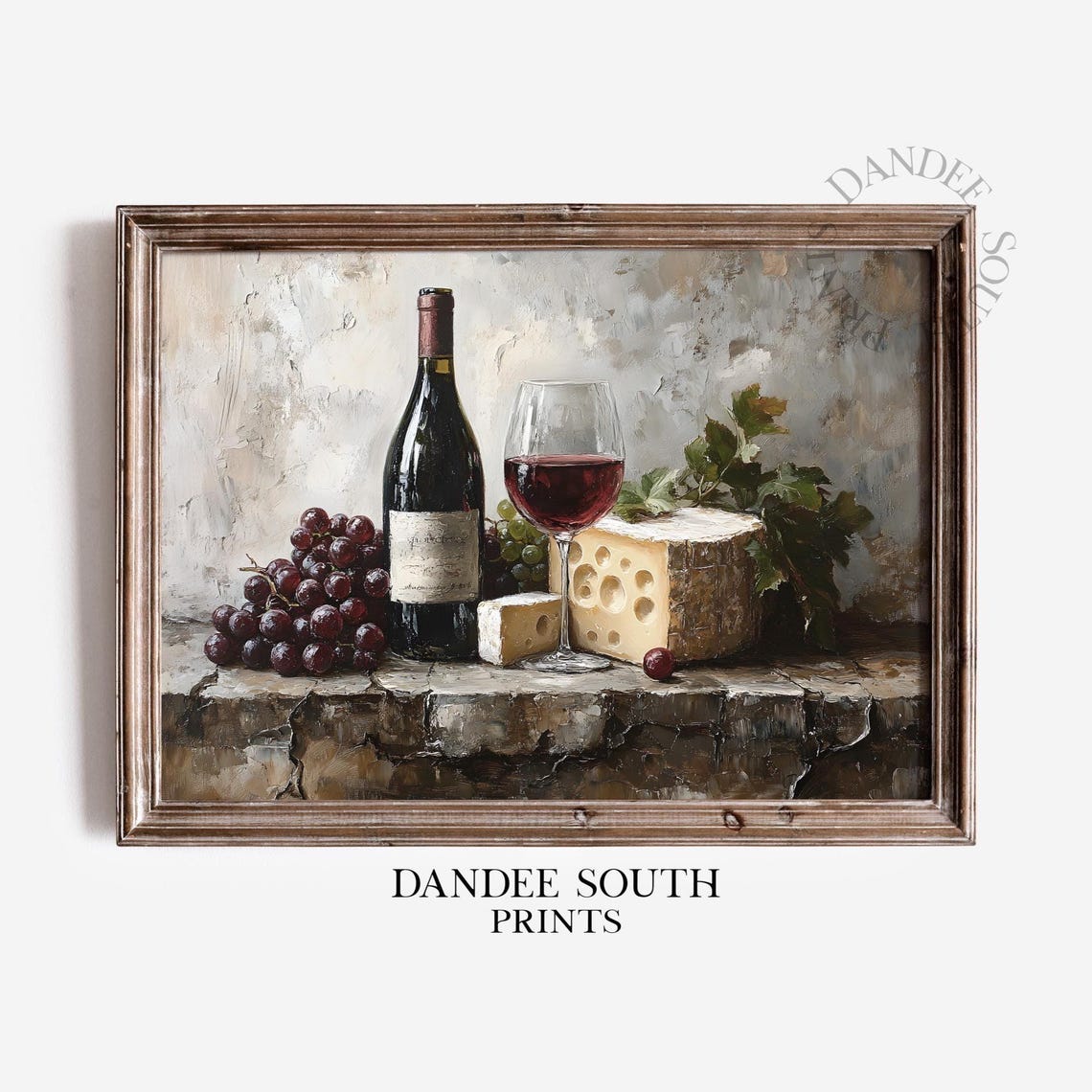 Red Wine Bottle Grapes and Cheese Stone Ledge Still Life Poster