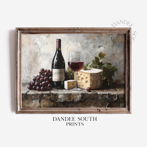 Red Wine Bottle Grapes and Cheese Stone Ledge Still Life Poster