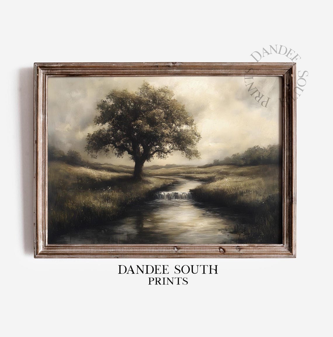 Vintage River Landscape Lone Oak Tree Waterfall Moody Nature Wall Art