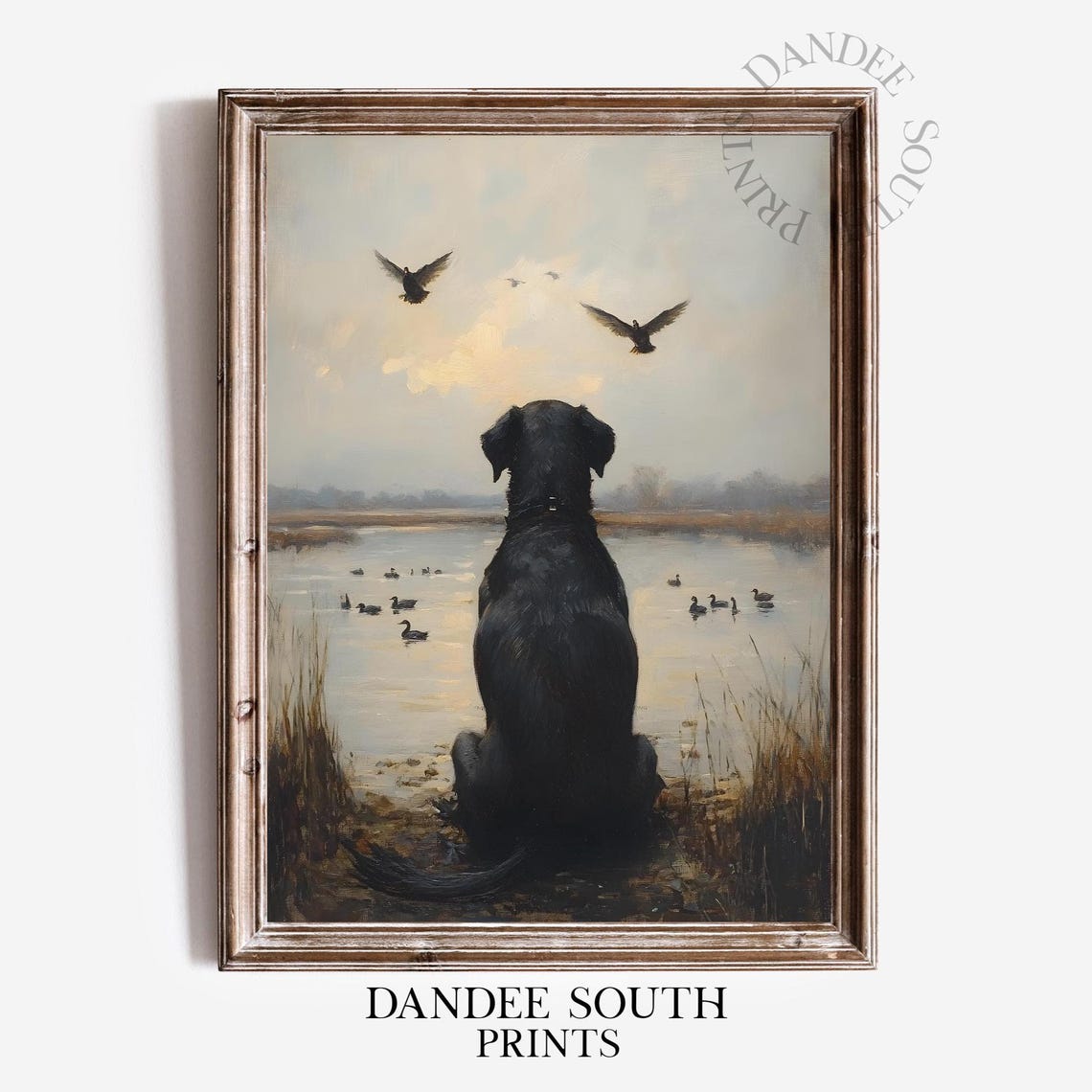 Black Labrador Watching Mallard Ducks Marsh Oil Painting Poster