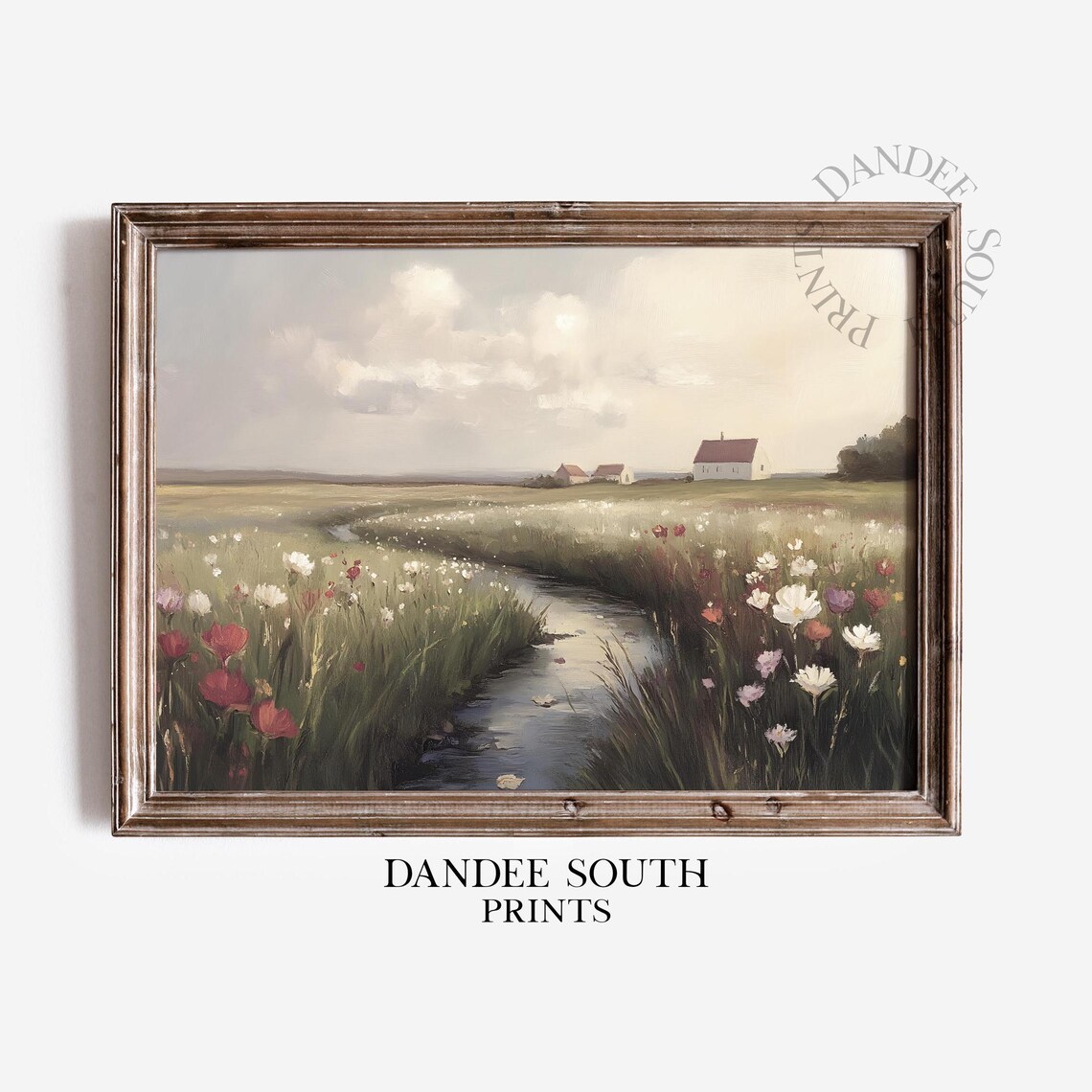 Farmhouse Stream Wildflower Meadow Vintage Oil Painting Print