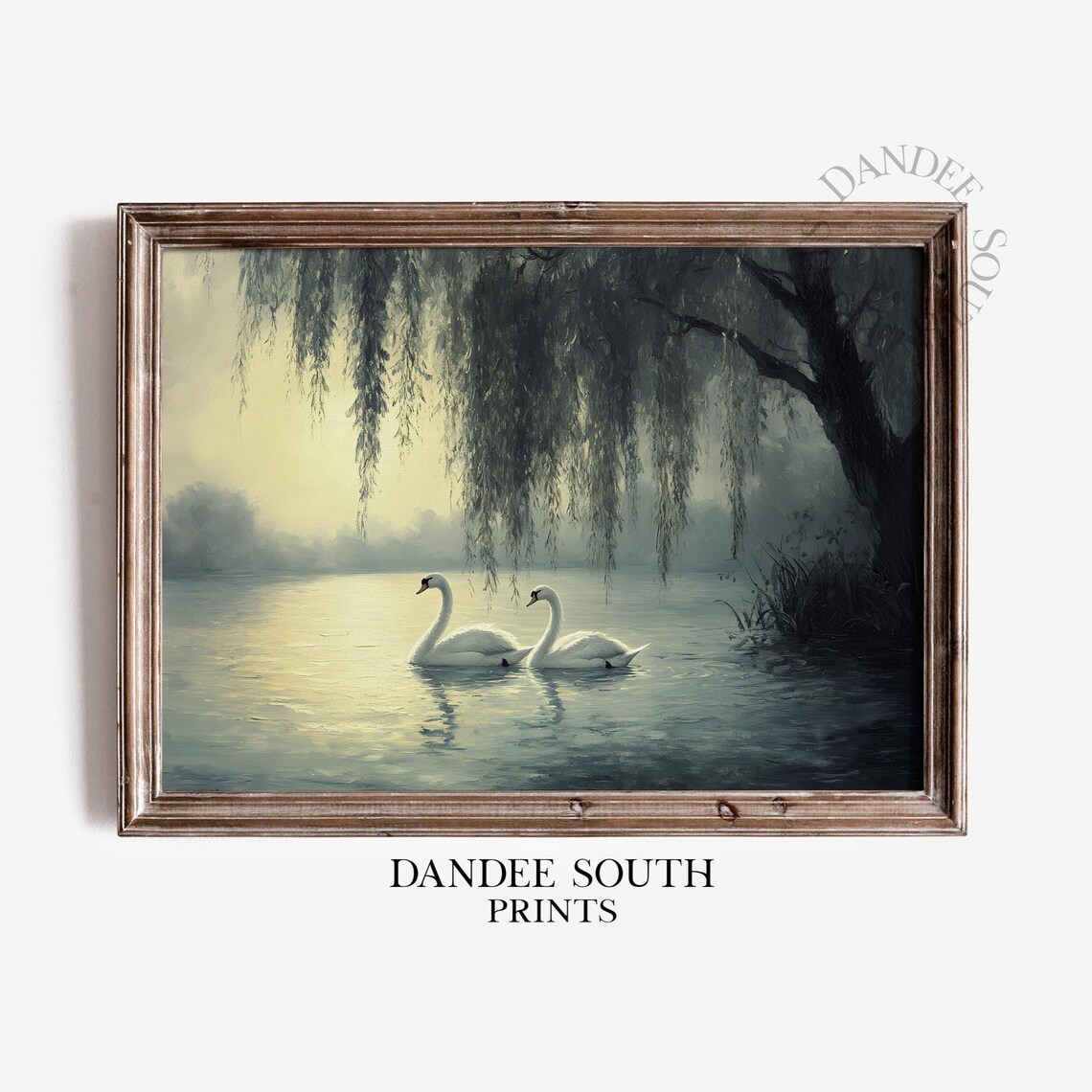 White Swans Misty Lake Willow Vintage Romantic Oil Painting Wall Art