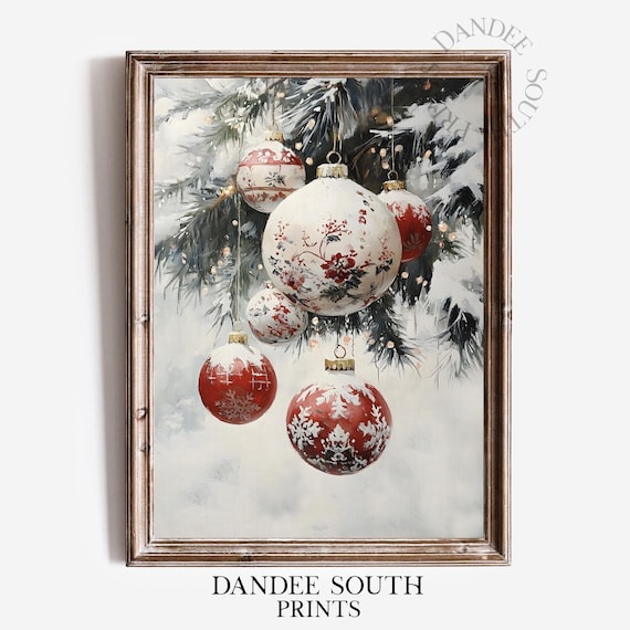 Red Toile Christmas Ornaments Snowy Pine Branch Painting Poster