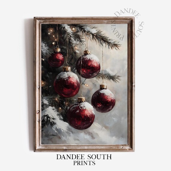 Christmas Red Ornaments Oil-Painting-Style Art Print