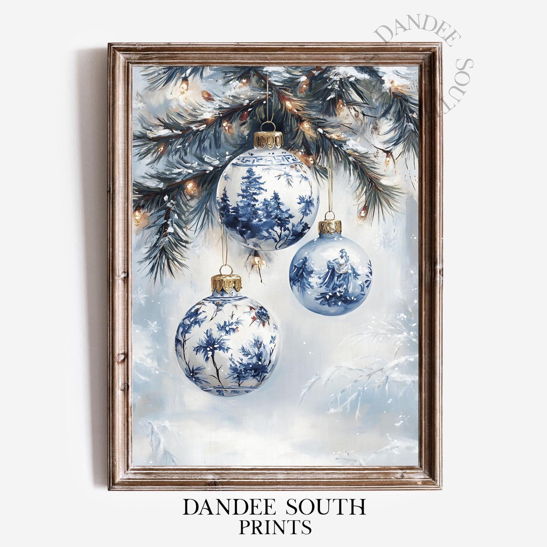 Blue White Chinoiserie Christmas Ornaments Snowy Pine Watercolor Poster