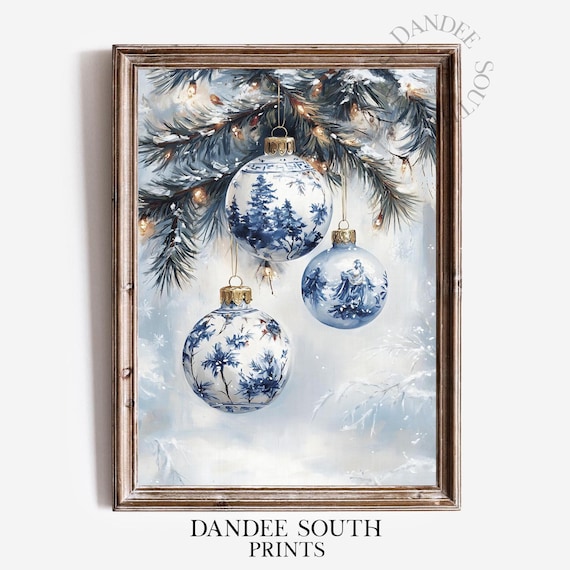 Blue White Chinoiserie Christmas Ornaments Snowy Pine Watercolor Poster