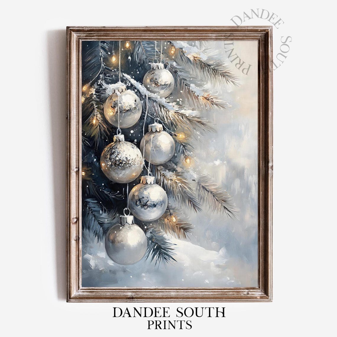 Silver Christmas Ornaments on Snowy Pine Branches Oil Painting Poster