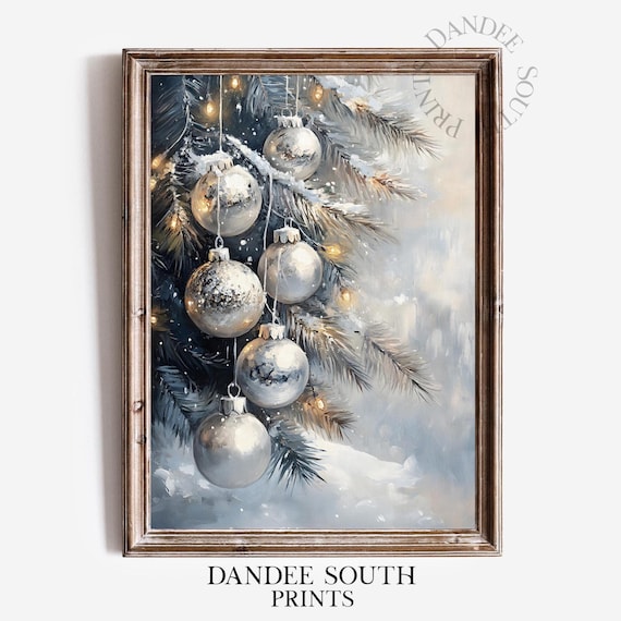 Silver Christmas Ornaments on Snowy Pine Branches Oil Painting Poster