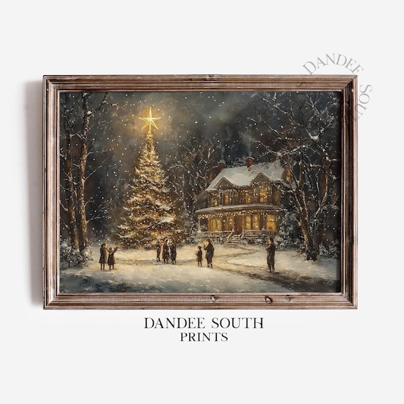 Vintage Christmas Cozy Victorian Snowy Night Tree Scene Print