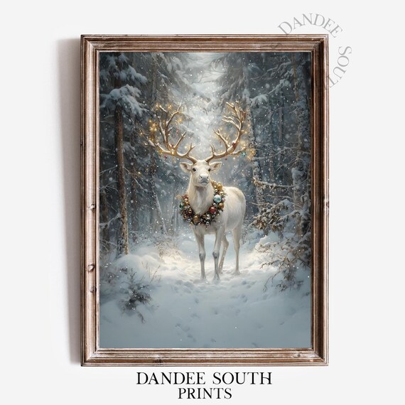 White Christmas Reindeer with Glowing Antlers Snowy Forest Holiday Poster