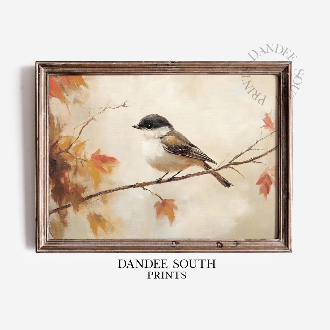 Small Chickadee Bird Perched on Branch with Autumn Leaves Art Poster