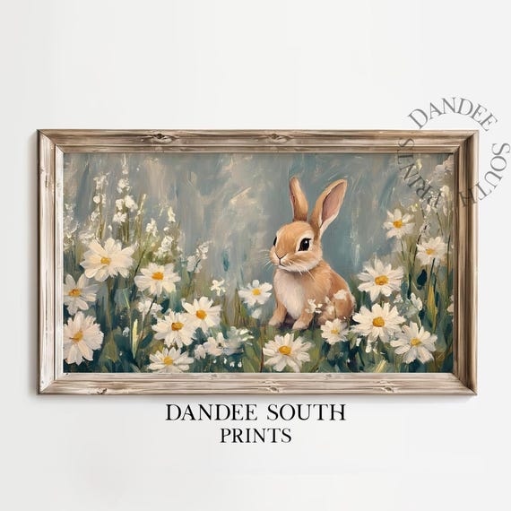Spring Bunny Tv Art For Frame Smart Easter Painting Country Farmhouse Decor Tv006