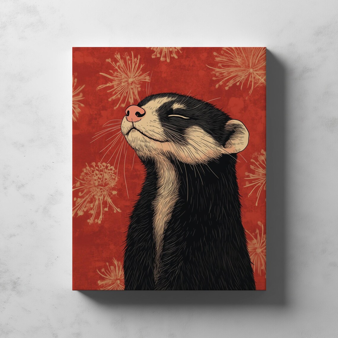 Serene Black Ferret Floral Red Background Ukiyoe Style Art Poster - Image 4