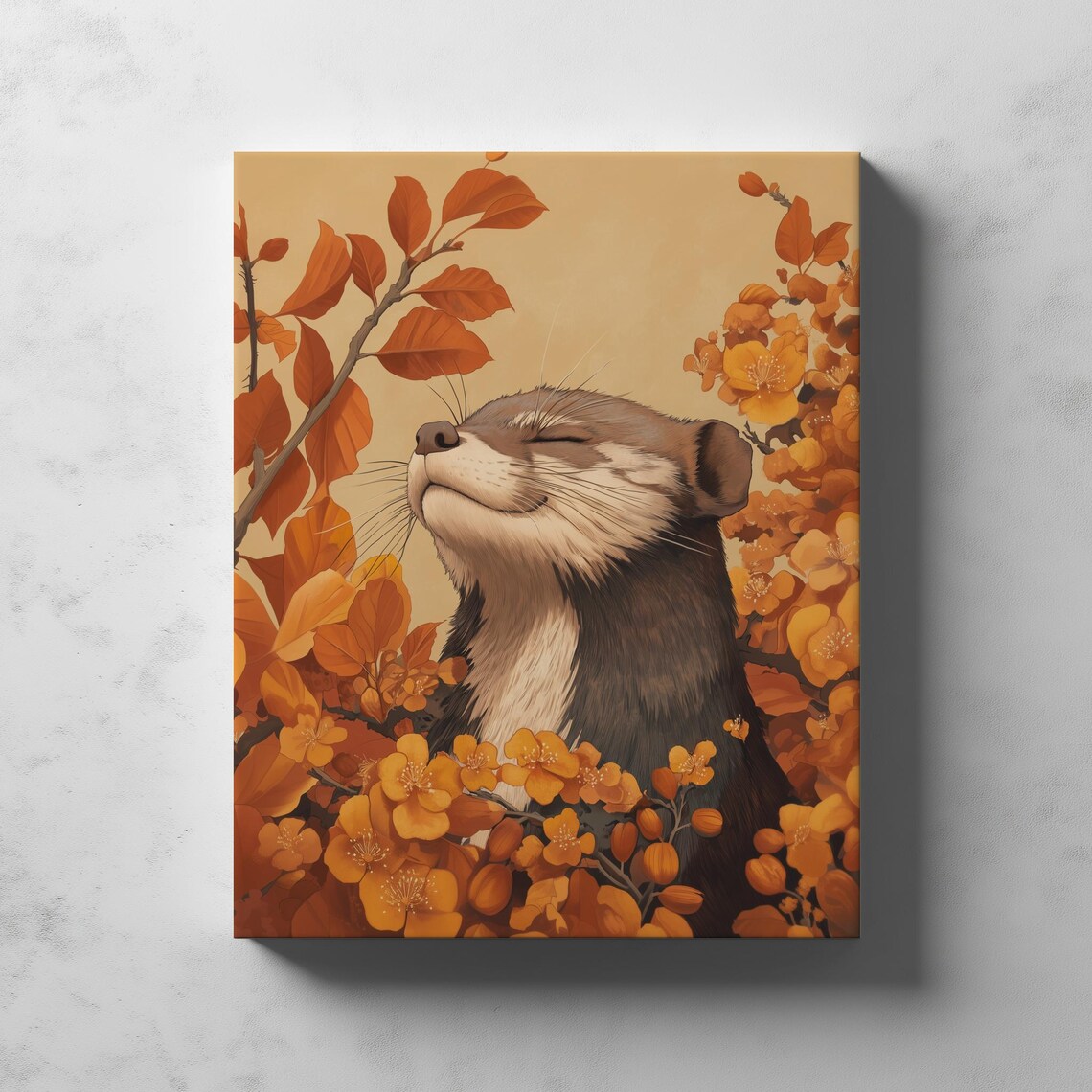 Otter Among Autumn Flowers Golden Orange Ukiyoe Floral Poster - Image 2