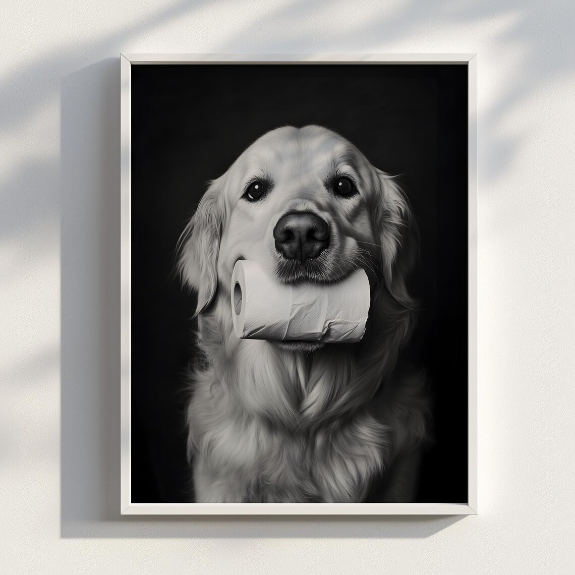 The Retrieval Black And White Golden Retriever Portrait With Toilet Paper Funny Dog Photography Print Monochrome Pet Wall Art