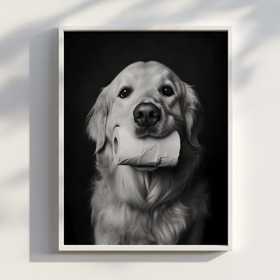 The Retrieval Black And White Golden Retriever Portrait With Toilet Paper Funny Dog Photography Print Monochrome Pet Wall Art